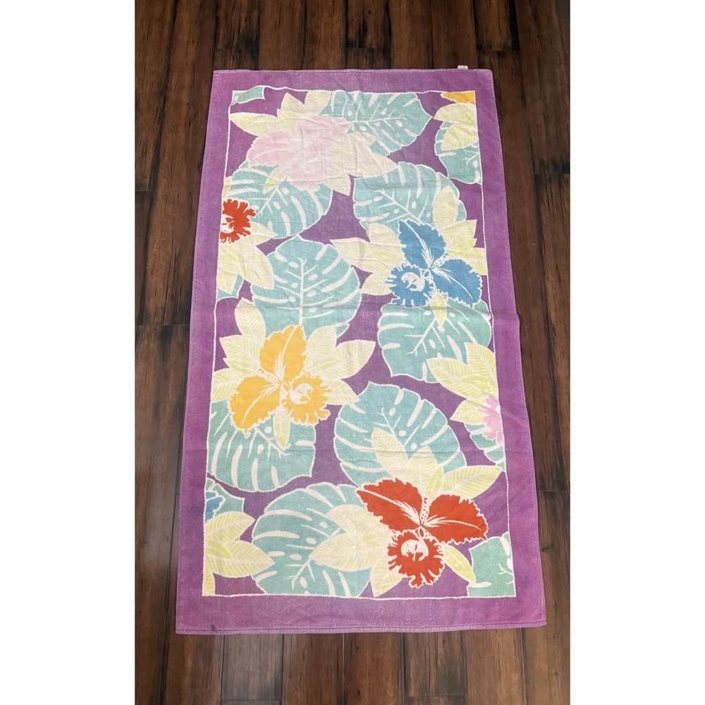 VTG 70s Hawaiian Floral Beach Bath Towel MCM Boho Bright Vibrant Purple Cannon